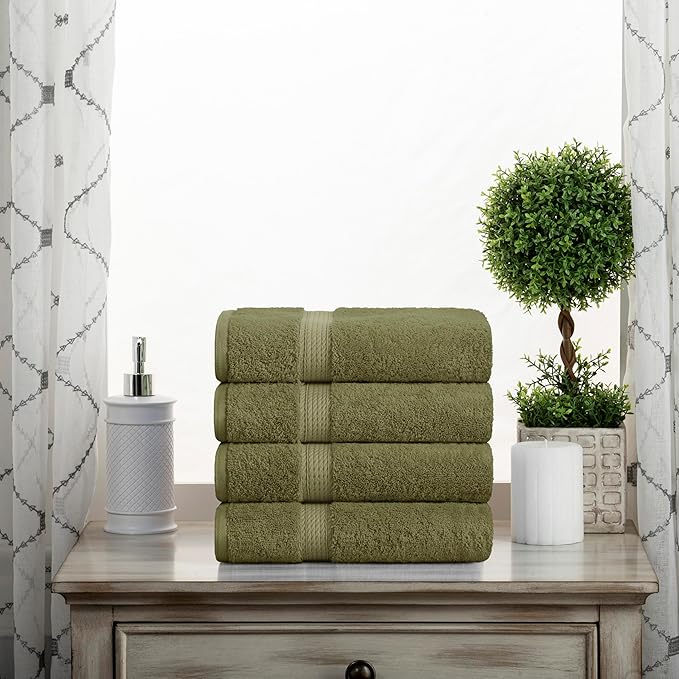 Superior Egyptian Cotton Pile Hand Towel Set of 4, Ultra Soft Luxury Towels, Thick Plush Essentials, Absorbent Heavyweight, Guest Bath, Hotel, Spa, Home Bathroom, Shower Basics, Forest Green