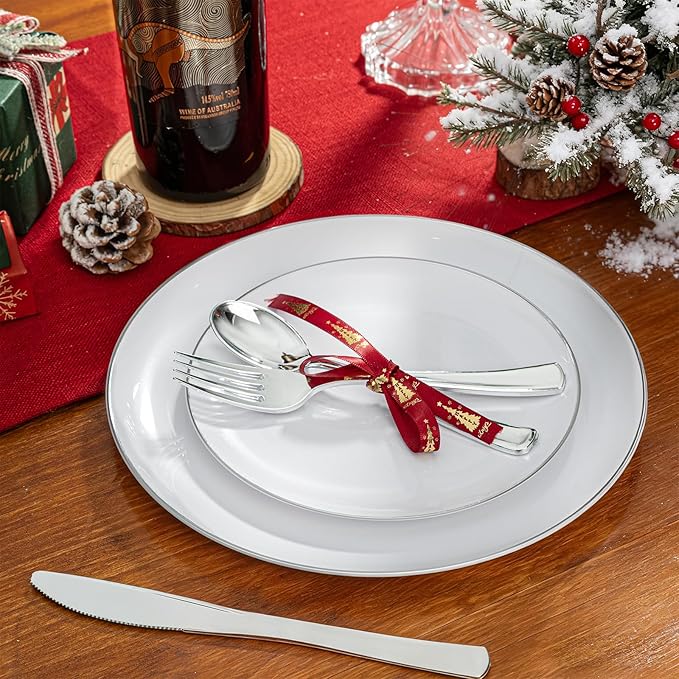 WDF 500PCS Silver Plastic Silverware - Plastic Silver Utensils - 250 Forks, 125 Spoons, 125 Knives, Heavy Duty Disposable Silverware Sets for Parties, Wedding, Christmas