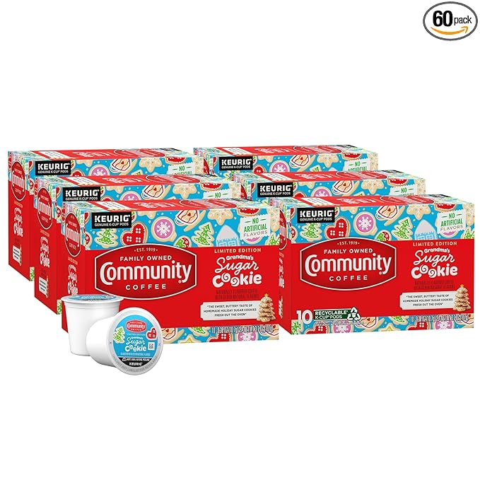 Community Coffee Grandma's Sugar Cookie Keurig K-Cup Pods, Limited Edition Holiday Flavor, Natural Ingredients, 10 Count (Pack of 6)