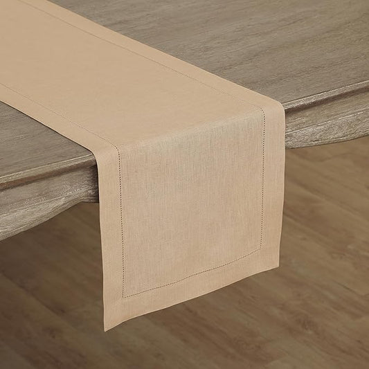 Solino Home Linen Beige Table Runner 90 Inches Long - 100% Pure Linen 14 x 90 Inch Table Runner for New Year - Classic Hemstitch