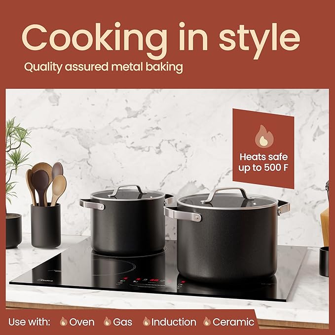 Bakken 3 Quart Ceramic Coated Stock Pot with Lid, Easy to Clean Nonstick Pot, Tempered Glass Lid, Riveted Stainless Steel Handles, Oven Safe Up To 500°F, PTFE & PFAS Free, All Stove Compatible, Black