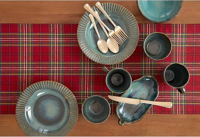 Solino Home Linen Table Runner 120 Inches Long - 100% Pure Linen Red Classic Tartan Plaid Table Runner 14 x 120 Inch for Dining, Holiday, New Year