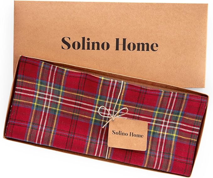 Solino Home Linen Table Runner 48 Inches - 100% Pure Linen Red Classic Tartan Plaid Table Runner 14 x 48 Inch Ideal for Dresser and Coffee Tables
