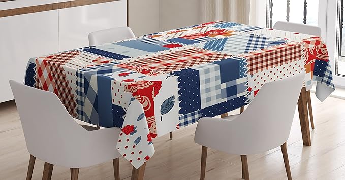 Ambesonne Country Tablecloth, Country Featured Mix Scottish Alternating Houndstooth and Retro Polka Dot Patterns, Rectangular Table Cover for Dining Room Kitchen Decor, 60" X 84", Blue Red