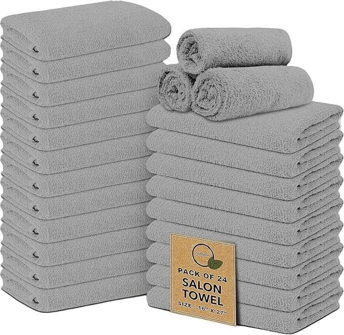 Softolle Salon Towels – Pack of 24 (16"x27") 100% Cotton Ring Spun – Ultra Soft, Highly Absorbent Hand Towels – Bulk for Spa, Gym & Salon (Silver Grey)