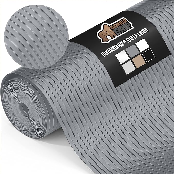GORILLA GRIP DuraGuard Shelf Liner, Non-Adhesive Cabinet Liners for Kitchen Drawers, Shelves, Refrigerator, Pantry Storage, Bathroom Closet, Durable Waterproof BPA Free Ribbed Plastic, 12x20 Gray