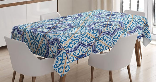 Ambesonne Moroccan Tablecloth, Moroccan Portuguese Style Classic Tiles Ornaments Historical Buildings Art, Rectangular Table Cover for Dining Room Kitchen Decor, 60" X 90", Blue White