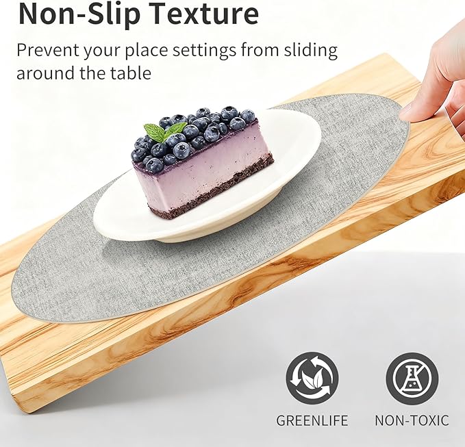 Maxpearl Round Placemats Set of 6, 13.8 inch Faux Leather Heat Resistant Table Mats, Non Slip Waterproof Wipeable Place Mats for Kitchen Dining Holiday Party Table Settings, Grey