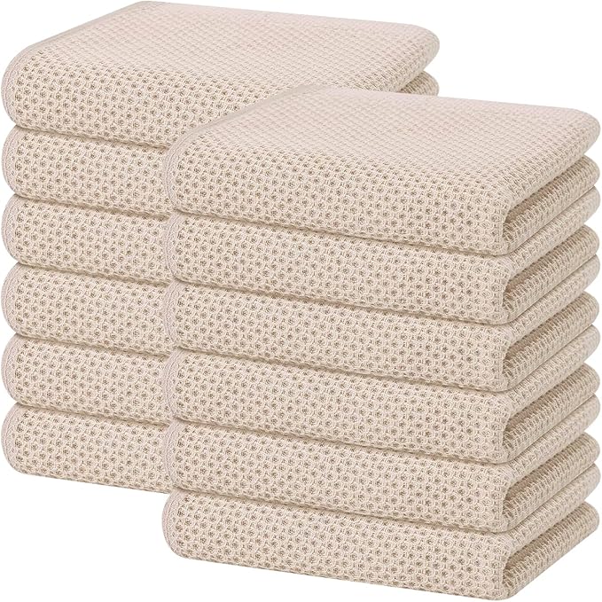 Homaxy 100% Cotton Waffle Weave Kitchen Dish Towels, Ultra Soft Absorbent Quick Drying Cleaning Towel, 13 x 28 Inches, 12-Pack, Beige
