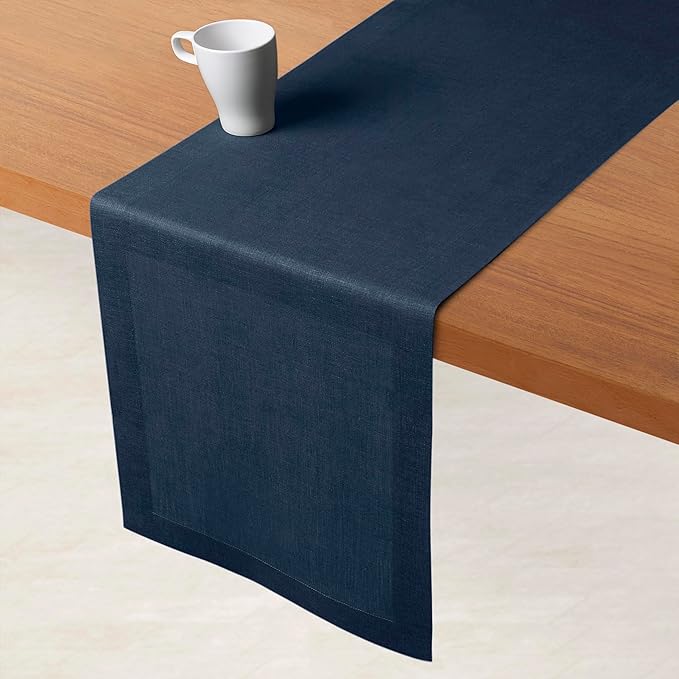 D'Moksha Homes Linen Table Runner 60 Inches - 100% Pure Linen Navy Blue Table Runner 14 x 60 Inch for Coffee Tables, Dresser, Winter, Holiday, New Year - Machine Washable