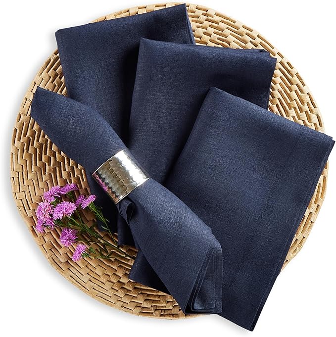Solino Home Navy Blue Linen Napkins Set of 4 - 100% Pure Linen Dinner Napkins 20 x 20 Inch for Holiday, Winter, New Year - Fete