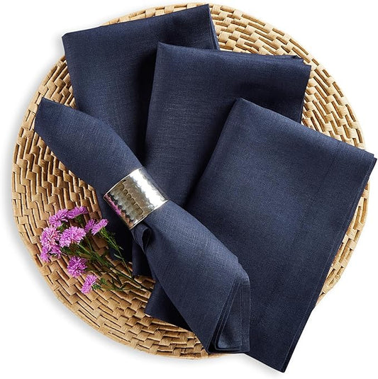 Solino Home Navy Blue Linen Napkins Set of 4 - 100% Pure Linen Dinner Napkins 20 x 20 Inch for Holiday, Winter, New Year - Fete