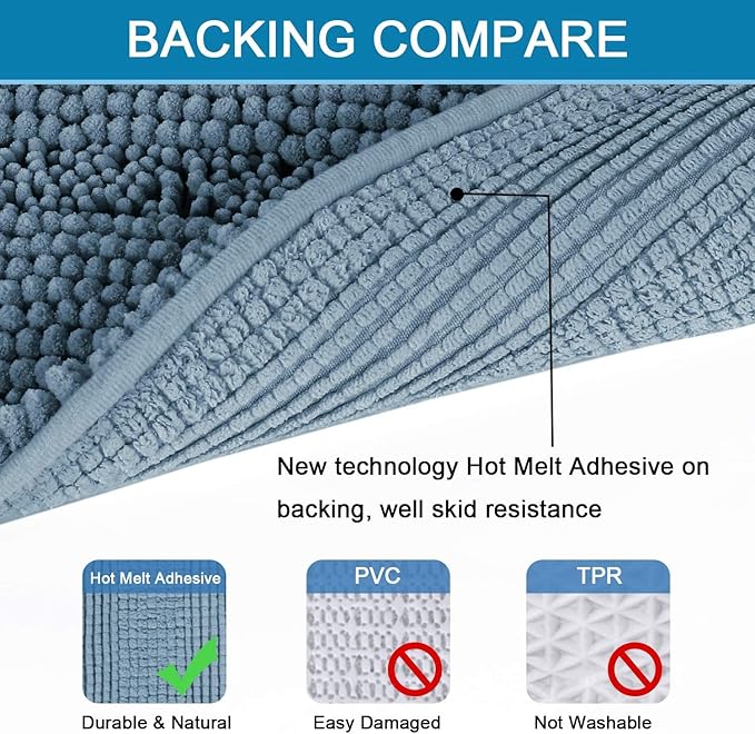 H.VERSAILTEX Bath Rug Non Slip Chenille Striped 17" x 24" Absorbent Soft Shaggy Washable Dry Fast Bath Mat - Stone Blue