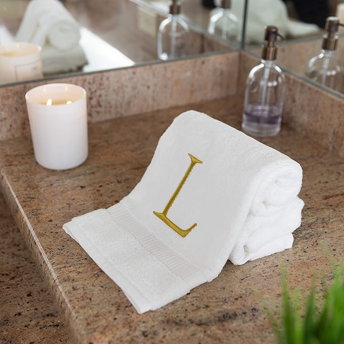 Monogrammed Hand Towels for Bathroom - Luxury Hotel Quality Personalized Initial Decorative Embroidered Bath Towel for Powder Room, Spa - GOTS Organic Certified - Set of 2 Gold Letter L