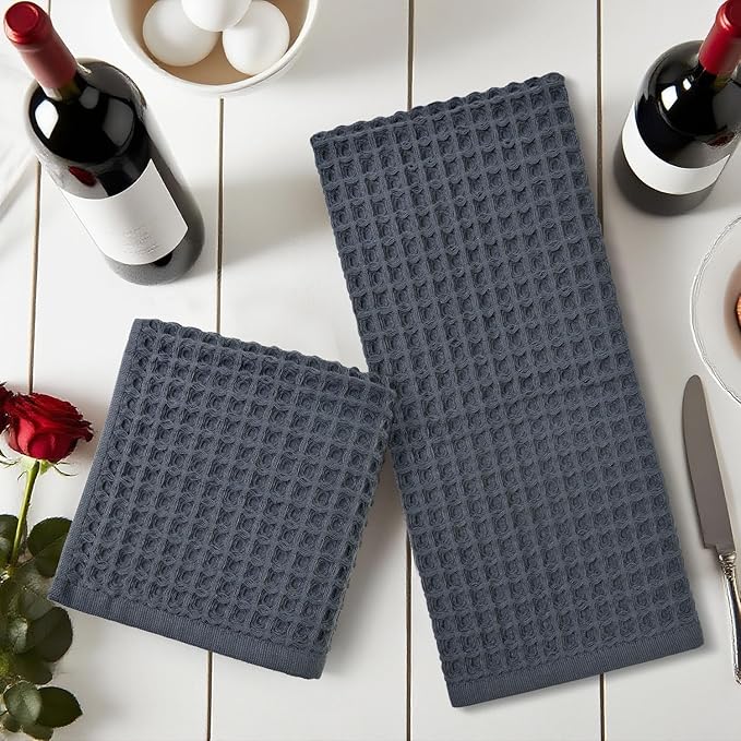 Jacquotha Waffle Hand Towels for Bathroom 2-Piece (Charcoal Blue) – Cotton Quick Dry Lint Free Face Towels 13” x 29”