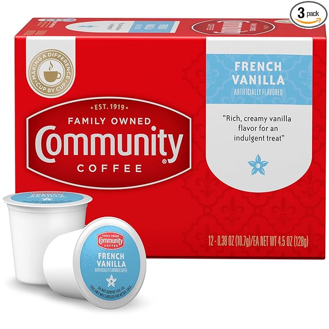 Community Coffee French Vanilla Flavored 36 Count Coffee Pods, Medium Roast, Compatible with Keurig 2.0 K-Cup Brewers, 12 Count (Pack of 3)