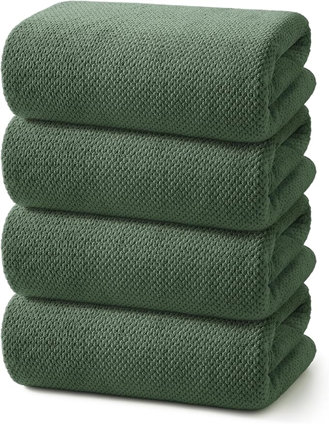REDKISS 4 Pack Premium Bath Towels, Plush Coral Fleece Towels for Bathroom, Extra Large Bath Towels Set of 4 (35 x 70 in), Super Soft Highly Absorbent Fluffy Shower Towels for Spa, Gym, Travel, Olive