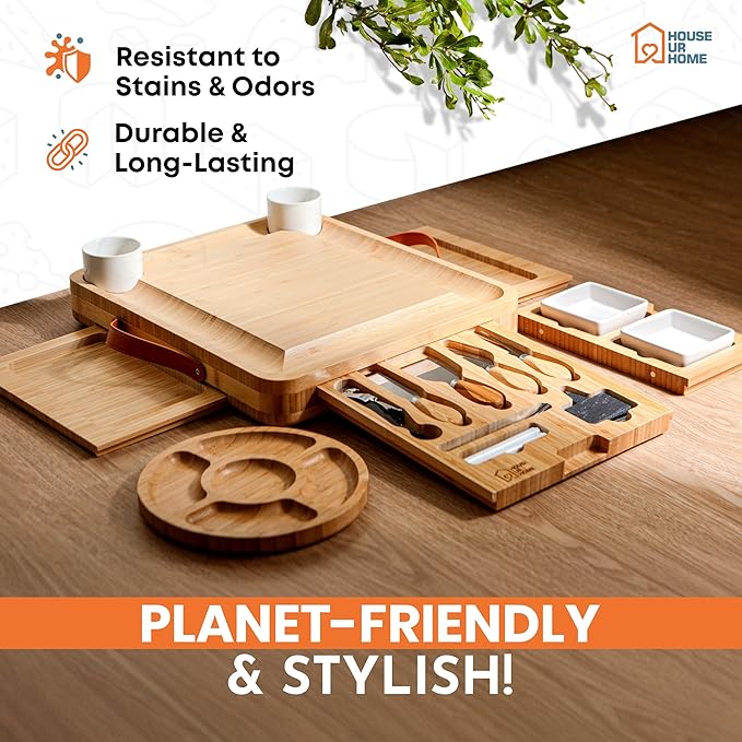 Large Bamboo Charcuterie Board Gift Set – 4 Hidden Drawers, Cheese Knives, Ceramic Bowls & Plates – Perfect Christmas, Holiday, or Housewarming Gift
