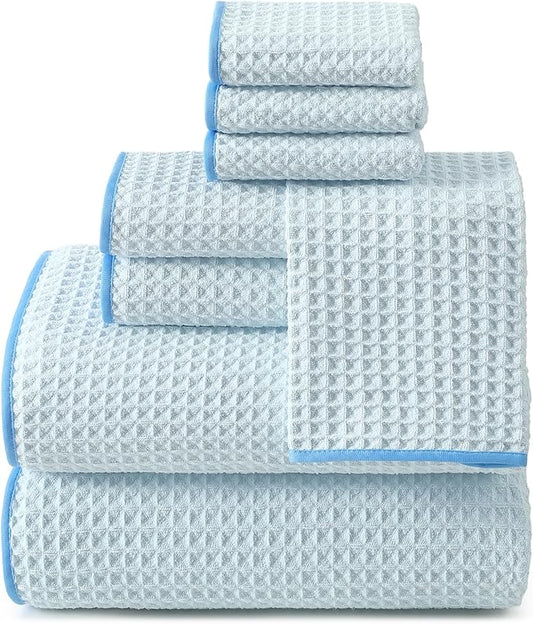 REDKISS 8 Pack Microfiber Waffle Bath Towels - Blue Waffle Towels for Bathroom, Extra Large, Highly Absorbent, Quick Dry Bath Towel Set, Lint Free Bathroom Towel for Gym, Shower, Hotel and Spa