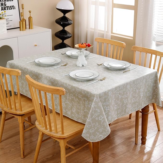 Heavy Duty Vinyl Tablecloth with Flannel Backing Waterproof Oil-Proof Plastic Table Cloth Stain-Resistant Wipeable Rectangle or Square Table Cover for Indoor and Outdoor (Beige Floral,60x84 Inch)