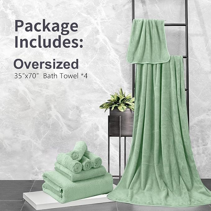 4 Pcs Oversized Bath Towels Extra Large 35x70 Inches Bath Sheets Towels for Adults Quick Dry Towel for Bathroom Ultra Soft Hotel Absorbent Shower Towels Set Green
