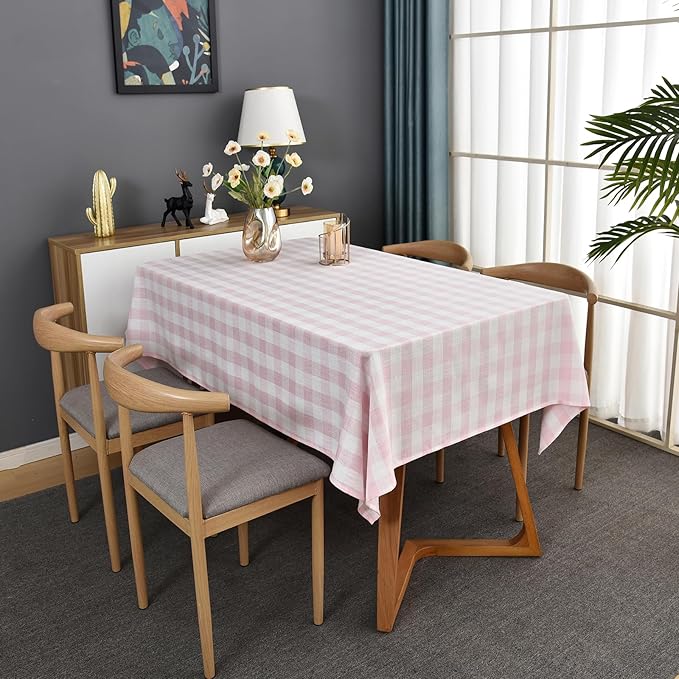 Gingham Table Cloth for Rectangle Tables Pink Checkered Plaid Tablecloth Heavy Duty Cotton Blend Washable & Wrinkle Table Cover for Outdoor Kitchen Dining Picnic Camping (52x98 Inch)