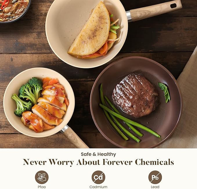 Kitchen Academy Induction Pots and Pans Set Non Stick - 12 Pieces Nonstick Kitchen Cookware Set, Granite Cooking Set Pots and Pans, Beige