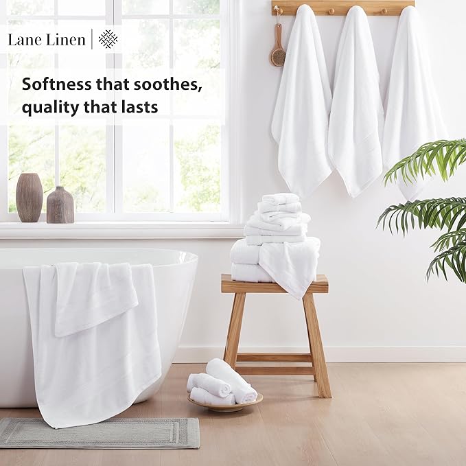 LANE LINEN Towel Set of 18 – Premium 100% Cotton, Zero Twist, 6 Large Bath Towel, 6 Hand Towels & 6 Wash Cloths, Quick Dry & Long-Lasting, Perfect for Family Bathrooms, Easy Care – White Towels