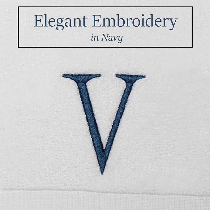 Monogrammed Hand Towels for Bathroom - Luxury Hotel Quality Personalized Initial Decorative Embroidered Bath Towel for Powder Room, Spa - GOTS Organic Certified - Set of 2 Navy Letter V
