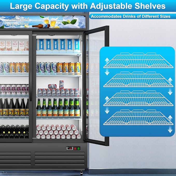 Commercial Beverage Refrigerator with 2 Glass Door, 41.3 Cu.Ft Display Fridge Beverage Cooler with Customizable Lightbox Adjustable Shelves, Drink Fridge Merchandiser for Restaurant Shop, Black