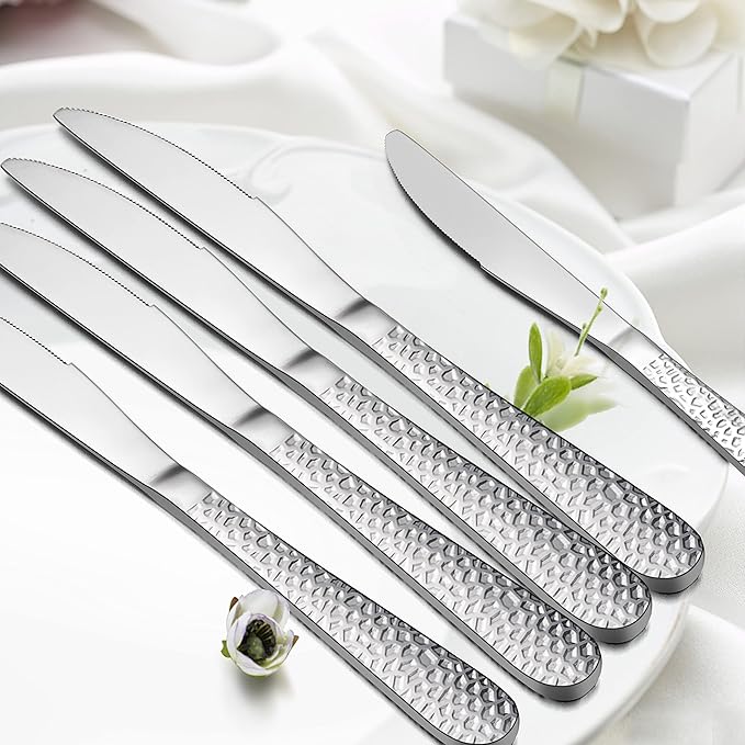 E-far Dinner Knives Set of 12, Stainless Steel Hammered Serrated Table Knife for Home Kitchen Restaurant, Mirror Polished & Dishwasher safe-8.9 Inches