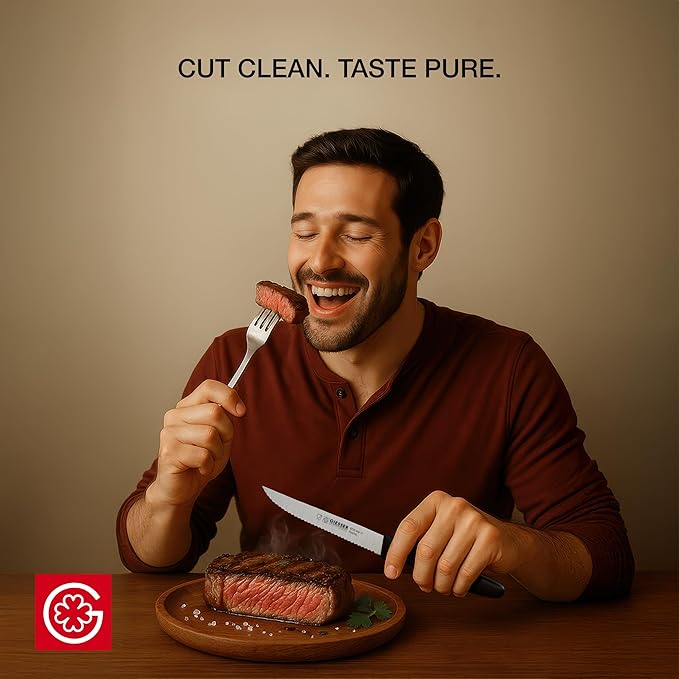 Giesser since 1776, Made In Germany, Steak Knife set of 6, serrated tip point edge, stainless steel, black