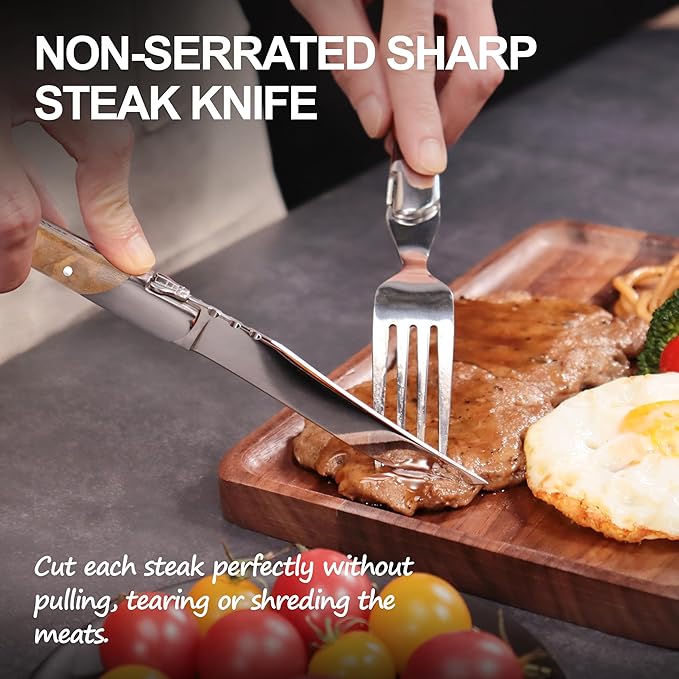 Laguiole Style Steak Knife Set of 8, Non-serrated Steak Knife Set with Olive Wood Handle, Sharp Stainless Steel Steak Knives with Gift Box, Dinner Cutlery Set for Home Party