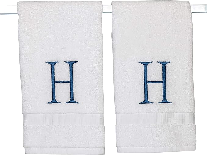 Monogrammed Hand Towels for Bathroom - Luxury Hotel Quality Personalized Initial Decorative Embroidered Bath Towel for Powder Room, Spa - GOTS Organic Certified - Set of 2 Navy Letter H