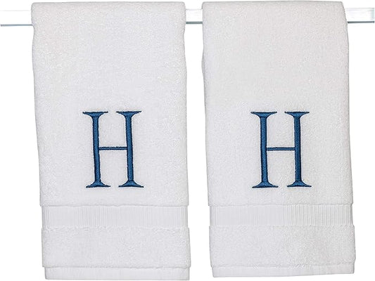 Monogrammed Hand Towels for Bathroom - Luxury Hotel Quality Personalized Initial Decorative Embroidered Bath Towel for Powder Room, Spa - GOTS Organic Certified - Set of 2 Navy Letter H