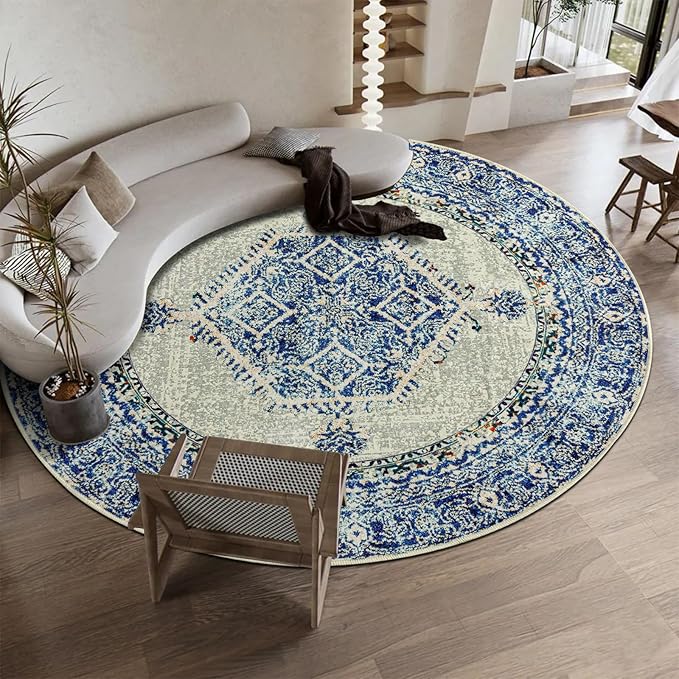 Easy-Going Round Area Rug 3ft Washable Boho Small Circle Rugs for Living Room Non-Slip Bedroom Rug Low Pile Lightweight Vintage Distressed Throw Rug for Dining Room Kitchen Home Office, Blue Cream