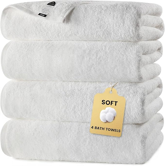 SEMAXE White Bath Towels Set of 4, 100% Cotton Luxury Bathroom Towels, Soft, Absorbent, and Quick-Drying, 55"x27", Perfect for Hotels, Gyms, and Spas