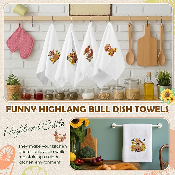 4 Pack Highland Cow Embroidered Towels with Sunflower Gifts Cotton 29.5" x 13.8" Farmhouse Country Hand Towels Absorbent Soft Kitchen Dish Cloths Bathroom Rustic Housewarming Party Decor