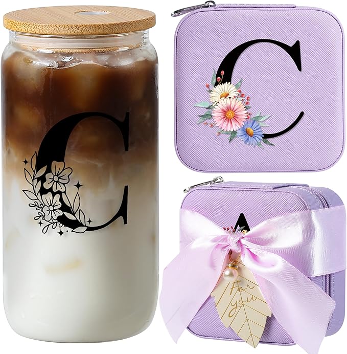 AYGXU Bridesmaid Gifts for Wedding Day,Bridesmaid Proposal Gifts,Drinking glass with Bamboo Lids and Straw,Jewelry Organizer,Travel Essentials Small Jewelry Box,Teen Girls Gifts,Initial C purple