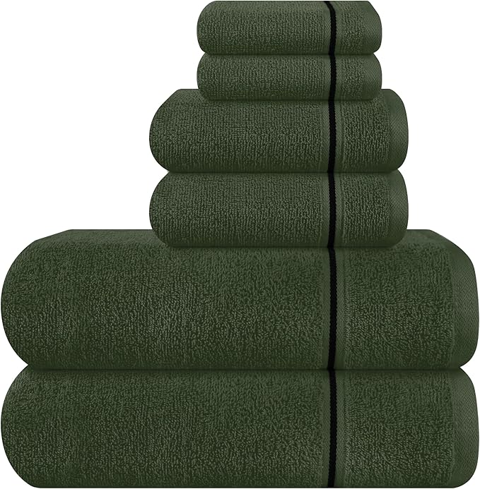 MyOwn Ultra Soft 6 Pack Cotton Towel Set, Contains 2 Bath Towels 28x55 inch, 2 Hand Towels 16x24 inch & 2 Wash Coths 12x12 inch, Ideal Everyday use, Compact & Lightweight - Olive Green