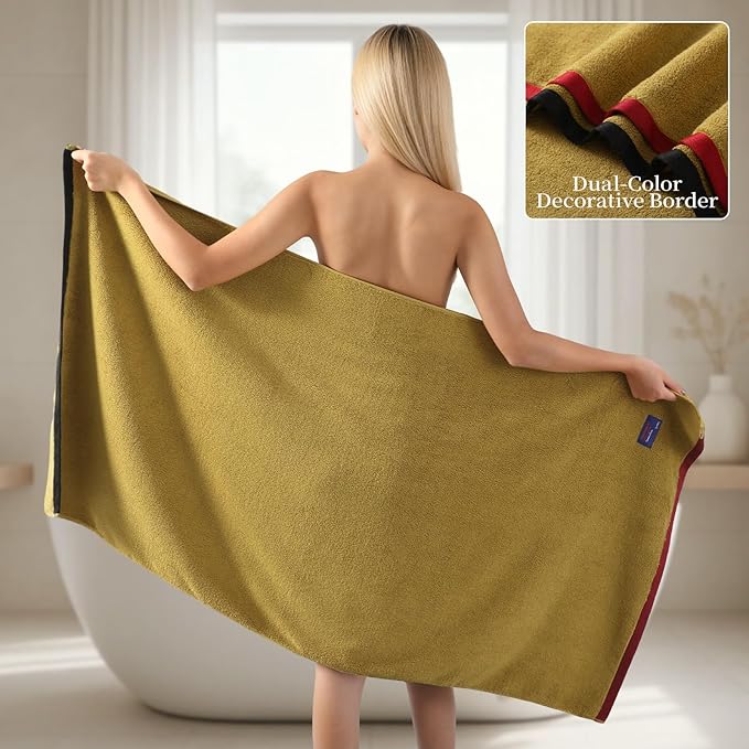 REDKISS 6 Pack Cotton Towel Set with Luxury Embellished Border, 600 GSM Ultra Soft & Highly Absorbent Bath Towels Set with 2 Bath, 2 Hand, 2 Washcloths for Bathroom, Gym, Spa, Hotel, Mustard Yellow