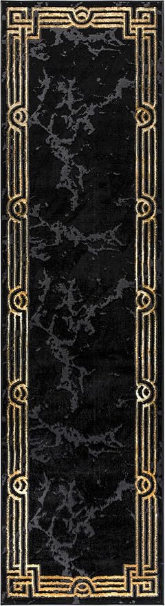 Well Woven Lezlee Abstract Modern 2'3" x 7'3" Runner - Black Gold Marble Border Elegant & Soft Rug - Perfect for Hallway, Entryway, Kitchen