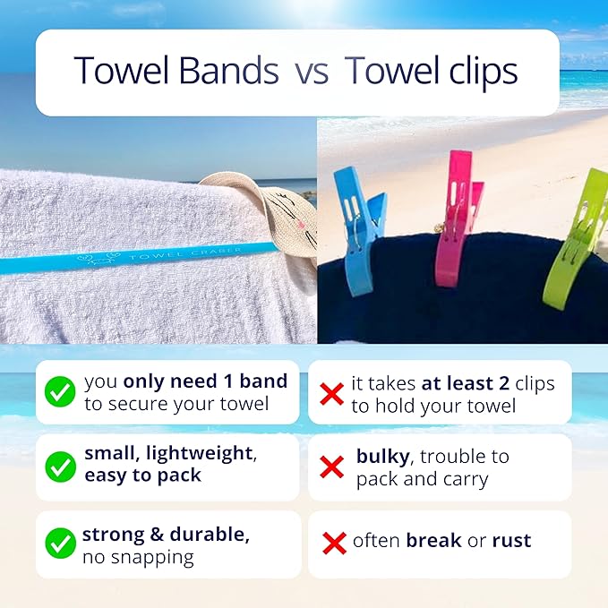 Towel Bands (6-Pack), Beach Pool & Cruise Chairs, Extra Durable, No Snapping, Cruise Ship & Beach Essentials, Great Alternative to Beach Towel Clips (3 Regular + 3 Glow in The Dark