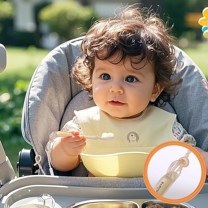 Silicone Baby Spoons 2-Pack with Case, New Born Self Feeding Toddler Spoon, Baby Led Weaning Supplies, Toddler Utensils with Safety Chain, Baby Eating Essentials, Dishwasher Safe