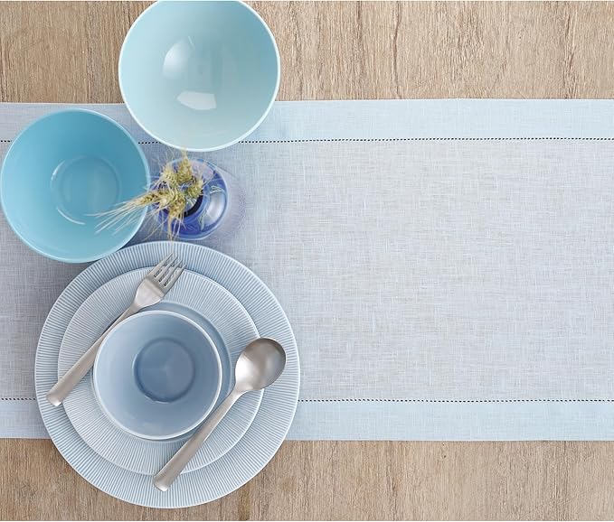 Solino Home Linen Light Blue Table Runner 36 Inches - Classic Hemstitch, 100% Pure Linen Coffee Table Runner 14 x 36 Inch Ideal for Dresser Tables, New Year