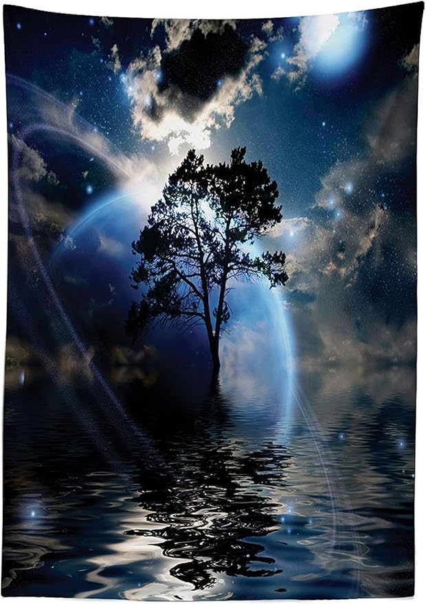 Ambesonne Fantasy Tablecloth, Water Night View Dark Clouds Stars Moonlight Skylights Rays Tree Reflection on Sea Print, Rectangular Table Cover for Dining Room Kitchen Decor, 60" X 90", Navy
