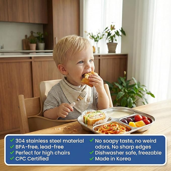 Korean Stainless Steel Divided Plates by KS&E, Little Kids Toddlers Babies Tray, BPA Free, Diet Food Control, Compact Serving Platter, Dinner Snack, 4 Compartment Plate Silver, Set of 2