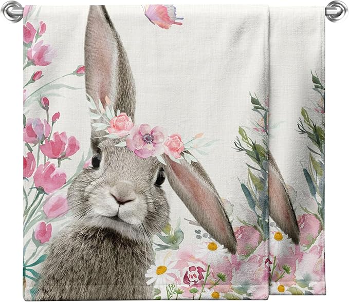 Easter Bunny Hand Towels Spring Cute Rabbits Kitchen Towel Flowers Soft Portable Dish Tea Towels Washcloths for Kitchen Bathroom Decorations 14.4X 28.3