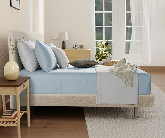 100% Organic Cotton Sheets King Size, 4 Piece Breathable Bed Sheet Set, 15" Deep Pocket King Sheets Cotton, Solid Sateen Weave Luxury Hotel Collection, No Pill & Shrink- Light Blue