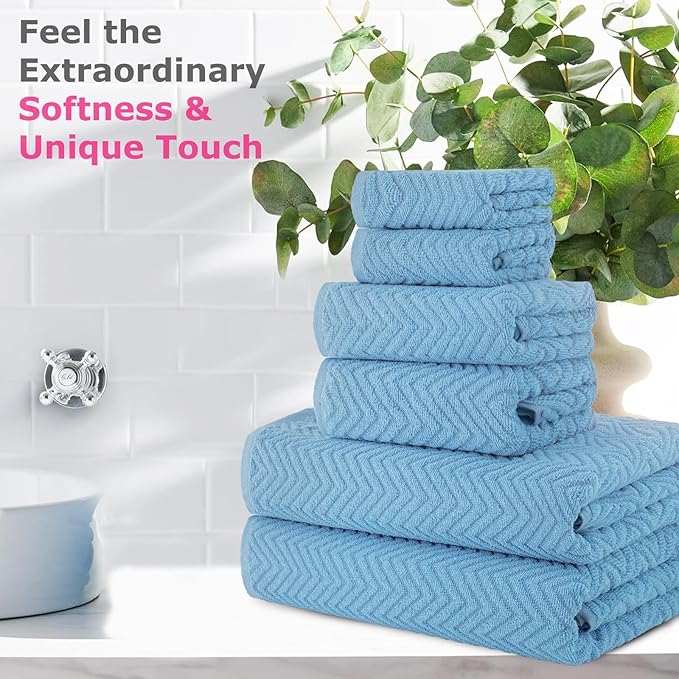 CASA COPENHAGEN Wave Textured 6 Pieces Towel Set- Dusty Blue, 550 GSM 2 Bath Towel 2 Hand Towel 2 Washcloth, Rough & Tough Use Cotton Towels Gift Set for Bathroom